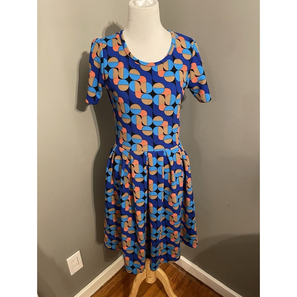 Lularoe Small Women's Dress  Blue Orange Tan Geometric